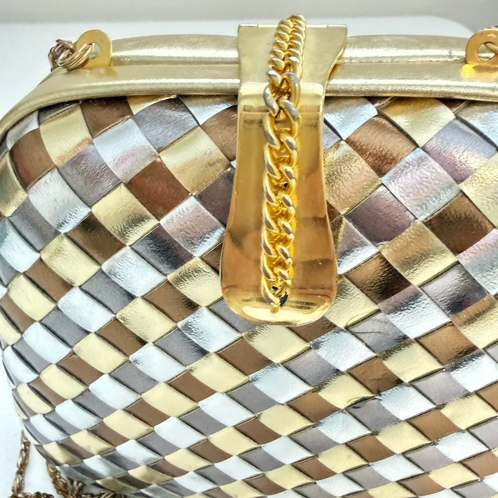 Gold and Silver Woven Metallic Chain Shoulder Bag
